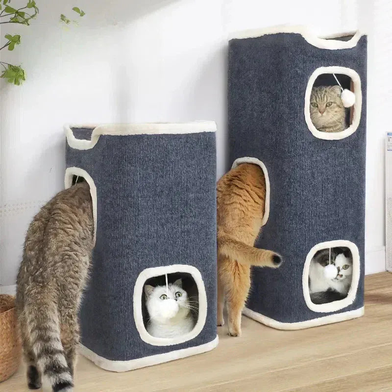 3-Tier Cat Condo with Hanging Toys - Multi-Level Covered Pet House