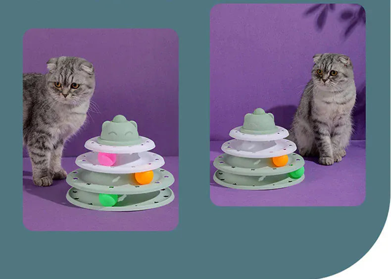 4-Level Cat Tower Toy - Interactive Turntable Roller Ball Track Puzzle Game