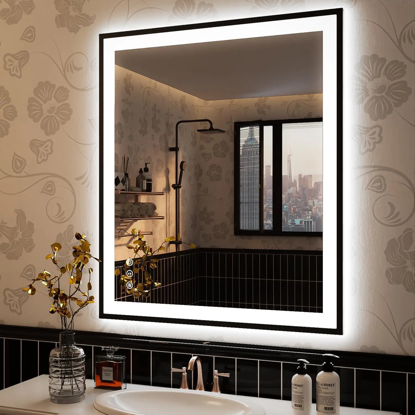 Modern Rectangular LED Light Wall-Mounted Smart Mirror for Bathroom Vanity Hotel Illuminated Graphic Design Solution Available