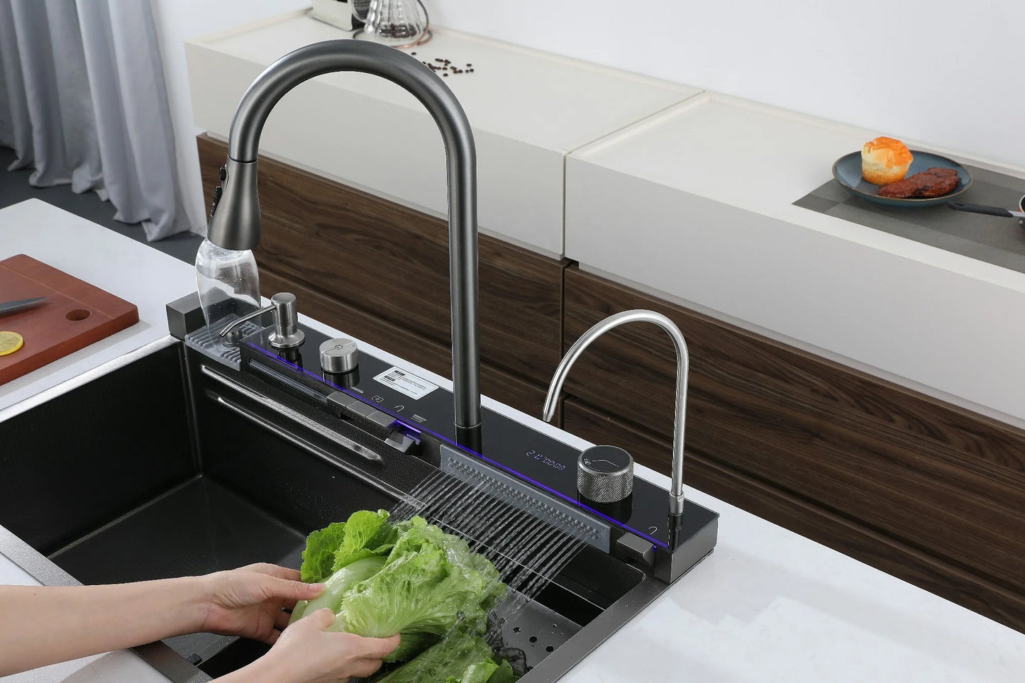 New Design Digital Display Stainless Steel Kitchen Sink Nano Black Cup Rinser Sink with Handmade Smart Kitchen Sink