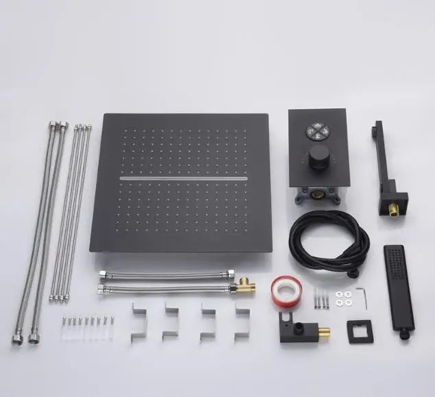 400*400 mm Square Shape Black Concealed Ceiling Rainfall Shower System with 4 Ways Waterfall Rainfall Shower Faucet Set