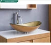Apartment Modern Gold Painted Orange Engraving Design Lavabo Oval Glass Bathroom Sink Vanity Wash Basin