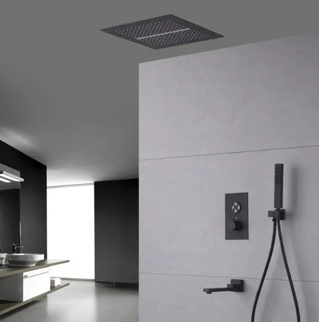 400*400 mm Square Shape Black Concealed Ceiling Rainfall Shower System with 4 Ways Waterfall Rainfall Shower Faucet Set