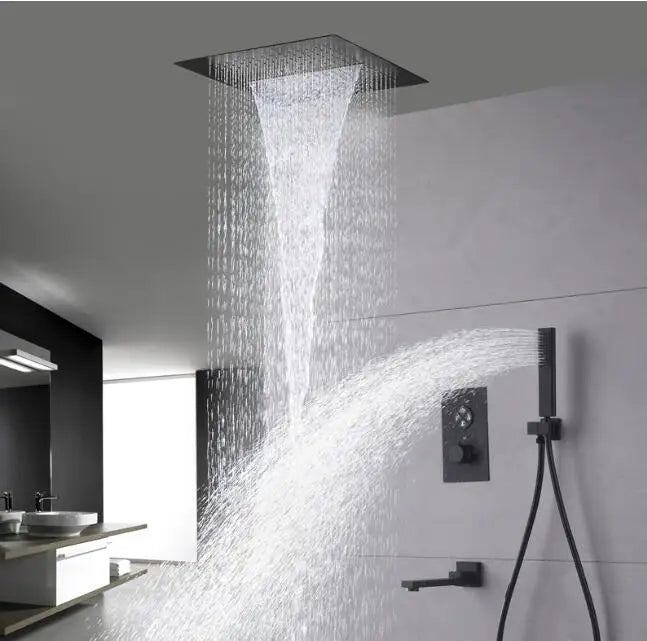 400*400 mm Square Shape Black Concealed Ceiling Rainfall Shower System with 4 Ways Waterfall Rainfall Shower Faucet Set