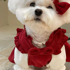 Puppy Bow Knot Dress Set Winter Warm Dog Clothes Pet Christmas Princess Dress Teddy Solid Color Skirt Send Clip
