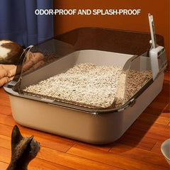 Cat Litter Box Semi Enclosed Design with High Fence Open Top Tray Easy to Clean Durable Kitty Sandbox with Scoop Pet Toilet