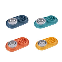 Dog Double Bowl With Silicone Mat Cat Pet Food Water Feeder Drinking Bowls Stainless Steel Anti-Choking Non-Slip Basin