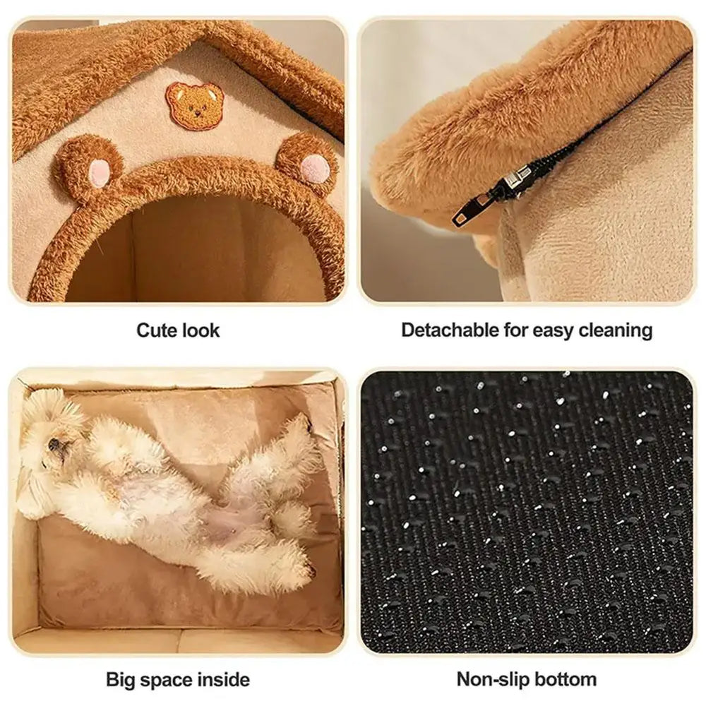 Bear Ear Pet House - Thickened Winter Warm Cat Bed with Removable Cushion