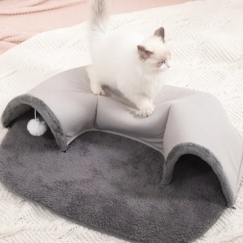 Cat Tunnel Bed 2-in-1 - Interactive Suede Play Tunnel & Nest