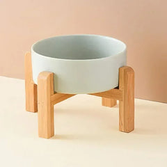 Ceramic Elevated Dog Bowl Stand - 1800ml Double Feeder with Wooden Base