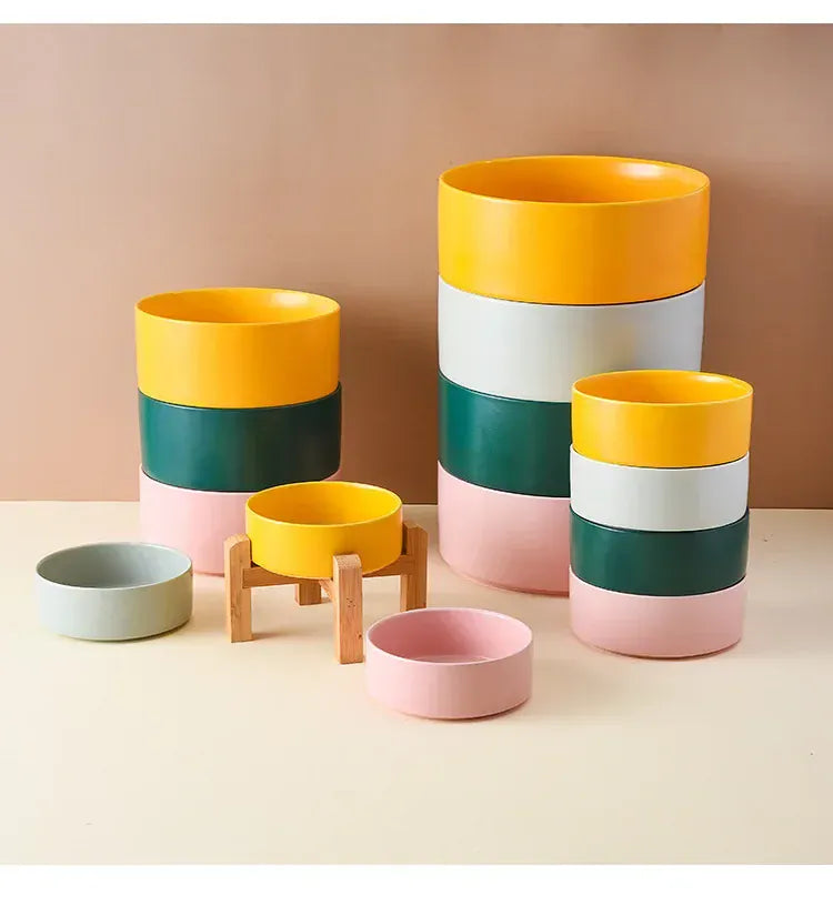 Ceramic Elevated Dog Bowl Stand - 1800ml Double Feeder with Wooden Base