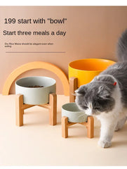 Ceramic Elevated Dog Bowl Stand - 1800ml Double Feeder with Wooden Base