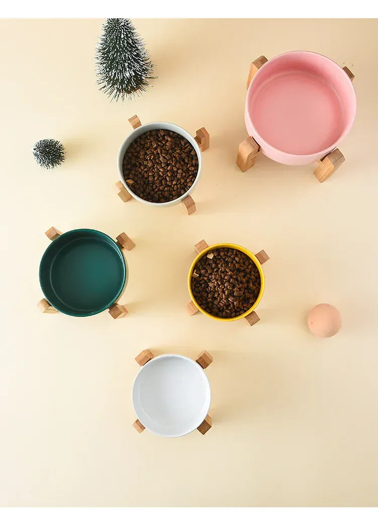 Ceramic Elevated Dog Bowl Stand - 1800ml Double Feeder with Wooden Base