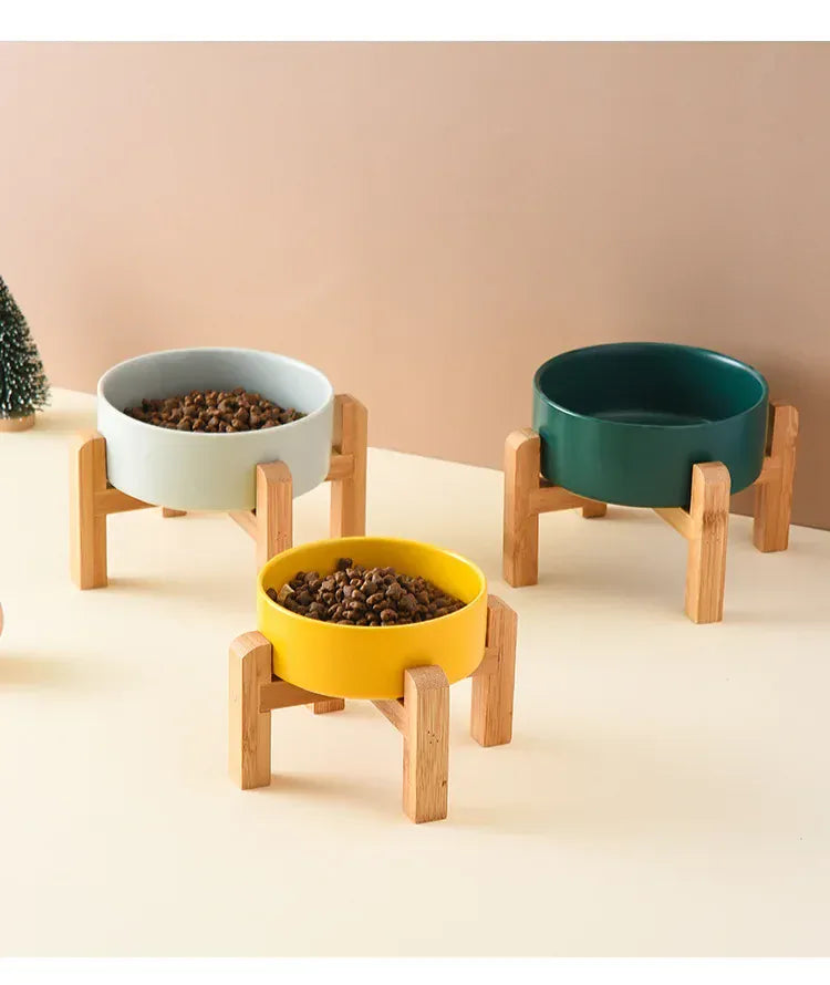 Ceramic Elevated Dog Bowl Stand - 1800ml Double Feeder with Wooden Base