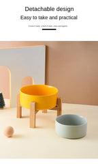 Ceramic Elevated Dog Bowl Stand - 1800ml Double Feeder with Wooden Base