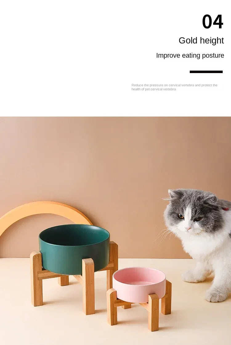 Ceramic Elevated Dog Bowl Stand - 1800ml Double Feeder with Wooden Base