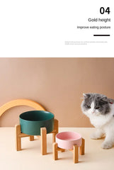 Ceramic Elevated Dog Bowl Stand - 1800ml Double Feeder with Wooden Base