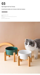Ceramic Elevated Dog Bowl Stand - 1800ml Double Feeder with Wooden Base