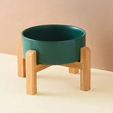 Ceramic Elevated Dog Bowl Stand - 1800ml Double Feeder with Wooden Base