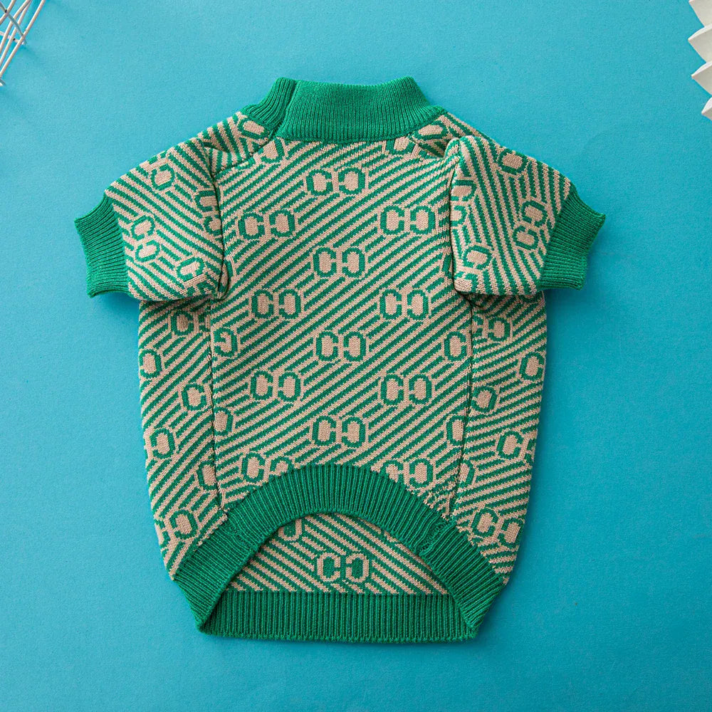 Designer Dog Sweater - Luxury Winter Warm Pet Apparel in Green & Pink