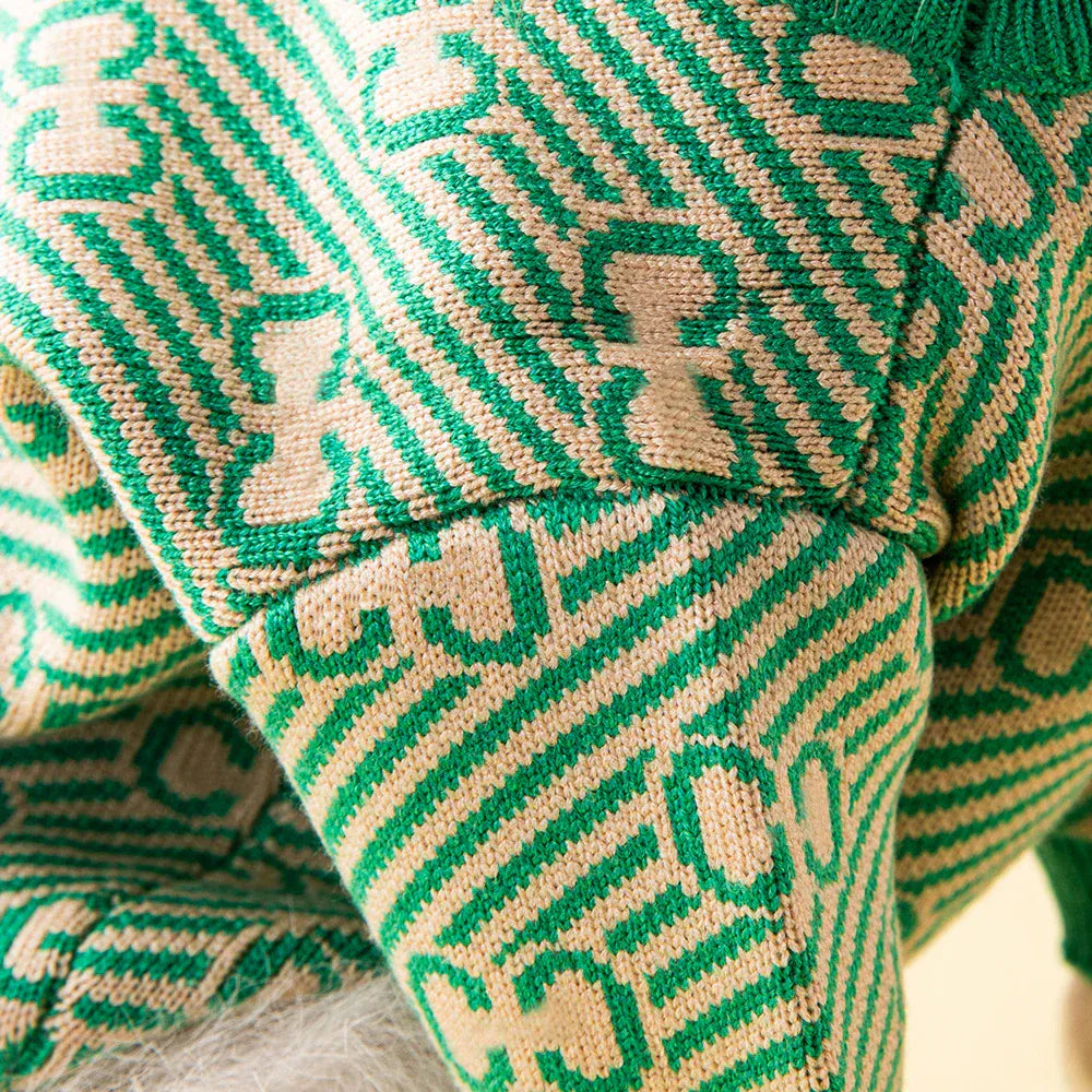 Designer Dog Sweater - Luxury Winter Warm Pet Apparel in Green & Pink