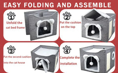 Large Cat House with Hanging Ball & Scratch Pad - Foldable Washable Pet Tent