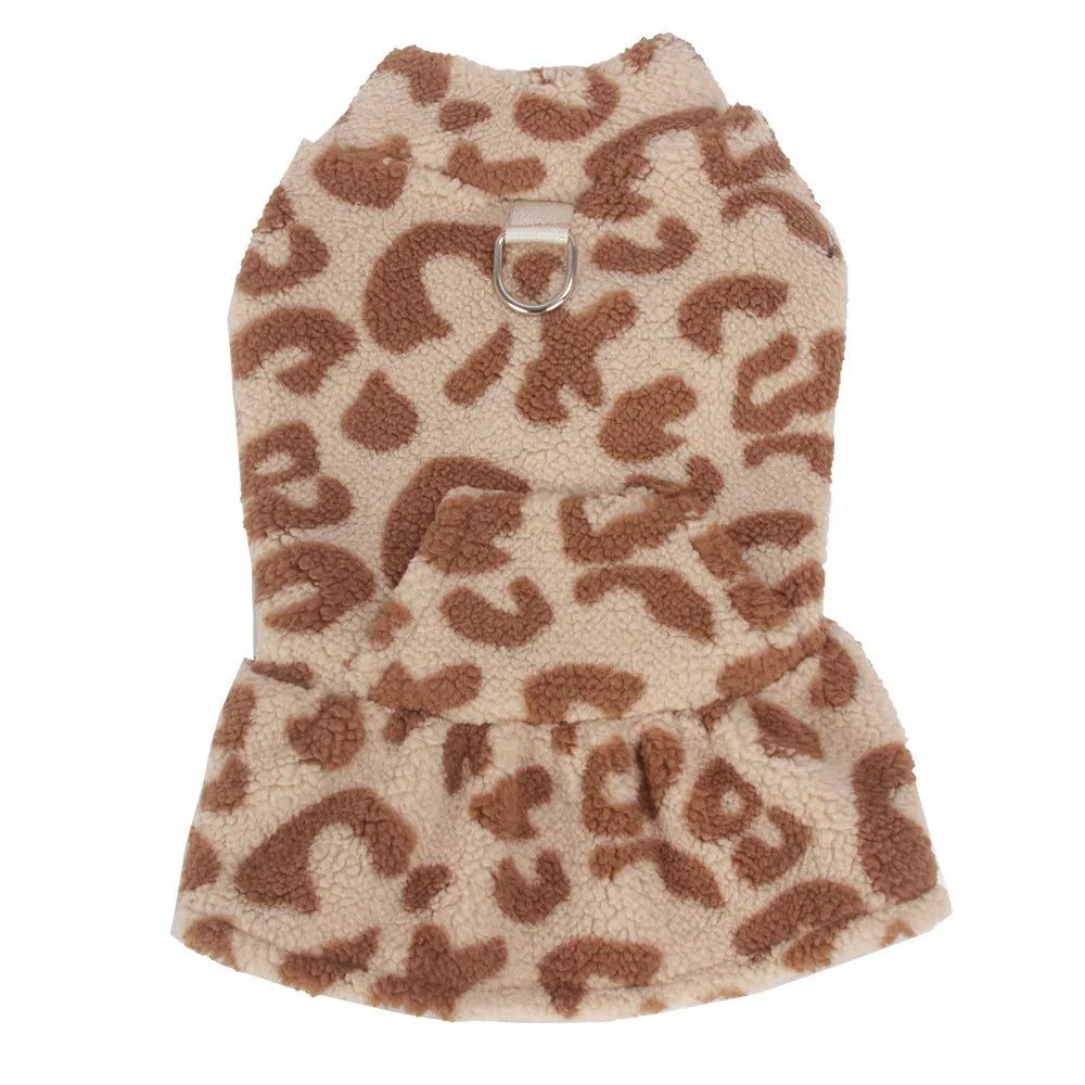 Leopard Print Dog Dress Coat - Fleece Winter Pullover with Sleeveless Design