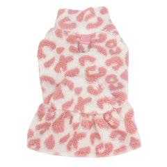 Leopard Print Dog Dress Coat - Fleece Winter Pullover with Sleeveless Design