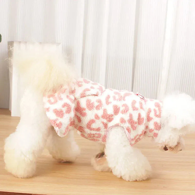 Leopard Print Dog Dress Coat - Fleece Winter Pullover with Sleeveless Design