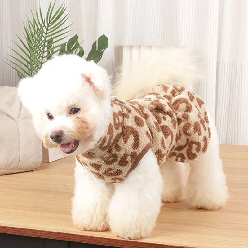 Leopard Print Dog Dress Coat - Fleece Winter Pullover with Sleeveless Design