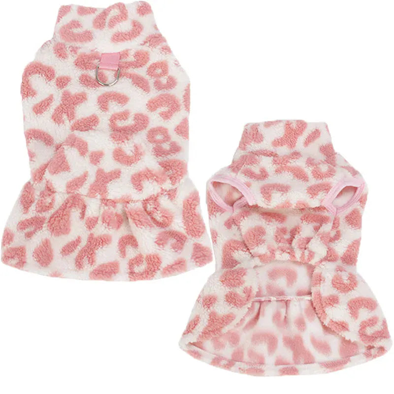 Leopard Print Dog Dress Coat - Fleece Winter Pullover with Sleeveless Design