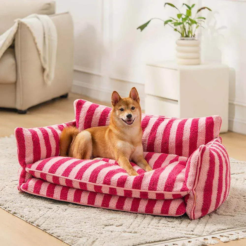 Luxury Striped Lambswool Pet Sofa - Double Layer Couch for Dogs & Cats