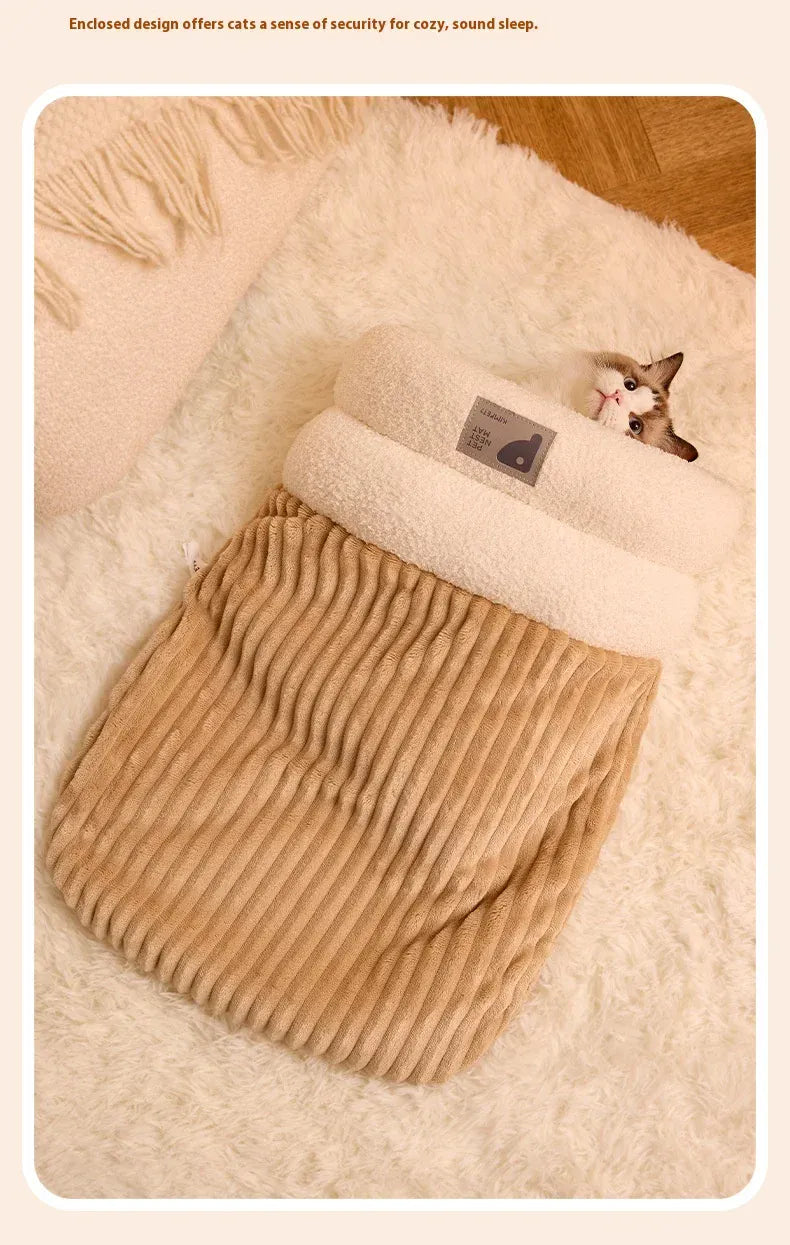 Self-Warming Cat Cave Bed with Tunnel - Plush Winter Hideaway & Sleeping Bag
