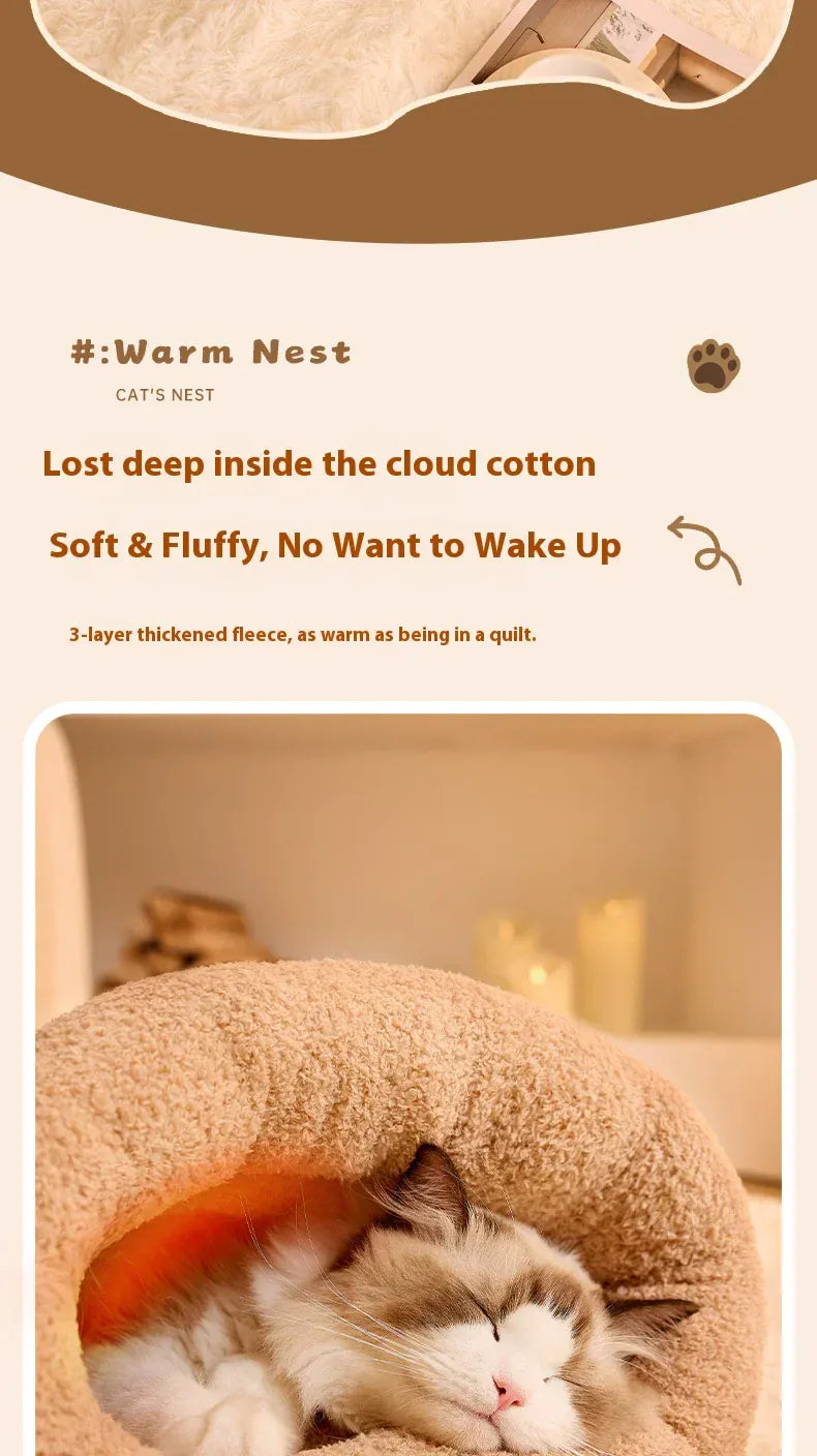 Self-Warming Cat Cave Bed with Tunnel - Plush Winter Hideaway & Sleeping Bag