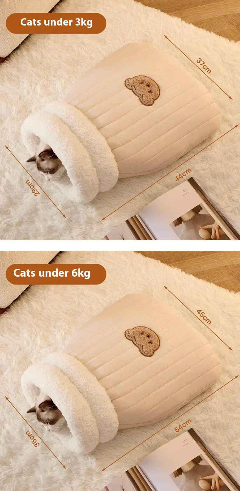 Self-Warming Cat Cave Bed with Tunnel - Plush Winter Hideaway & Sleeping Bag