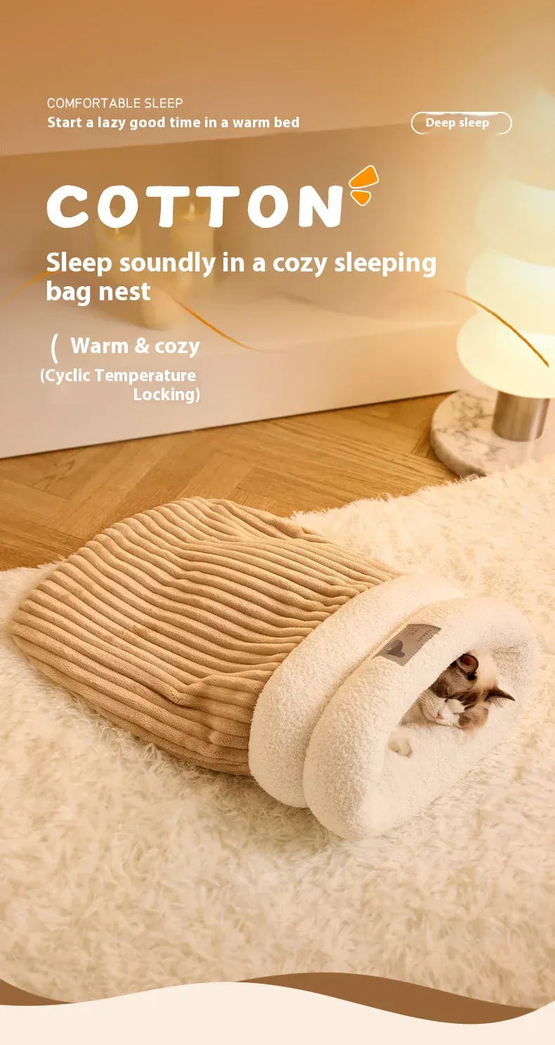Self-Warming Cat Cave Bed with Tunnel - Plush Winter Hideaway & Sleeping Bag