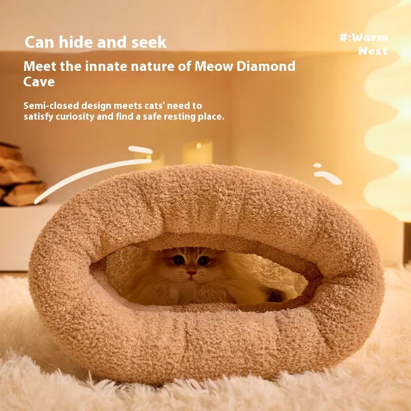 Self-Warming Cat Cave Bed with Tunnel - Plush Winter Hideaway & Sleeping Bag