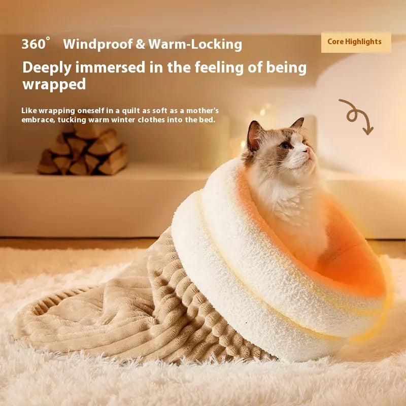 Self-Warming Cat Cave Bed with Tunnel - Plush Winter Hideaway & Sleeping Bag