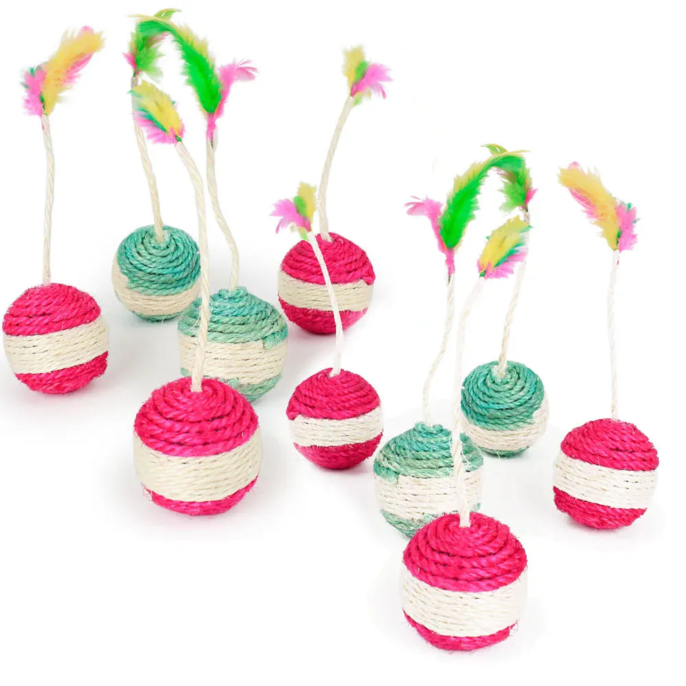 Sisal Feather Cat Ball Toy – Rotatable Chew & Scratch Toy with Hanging Rope
