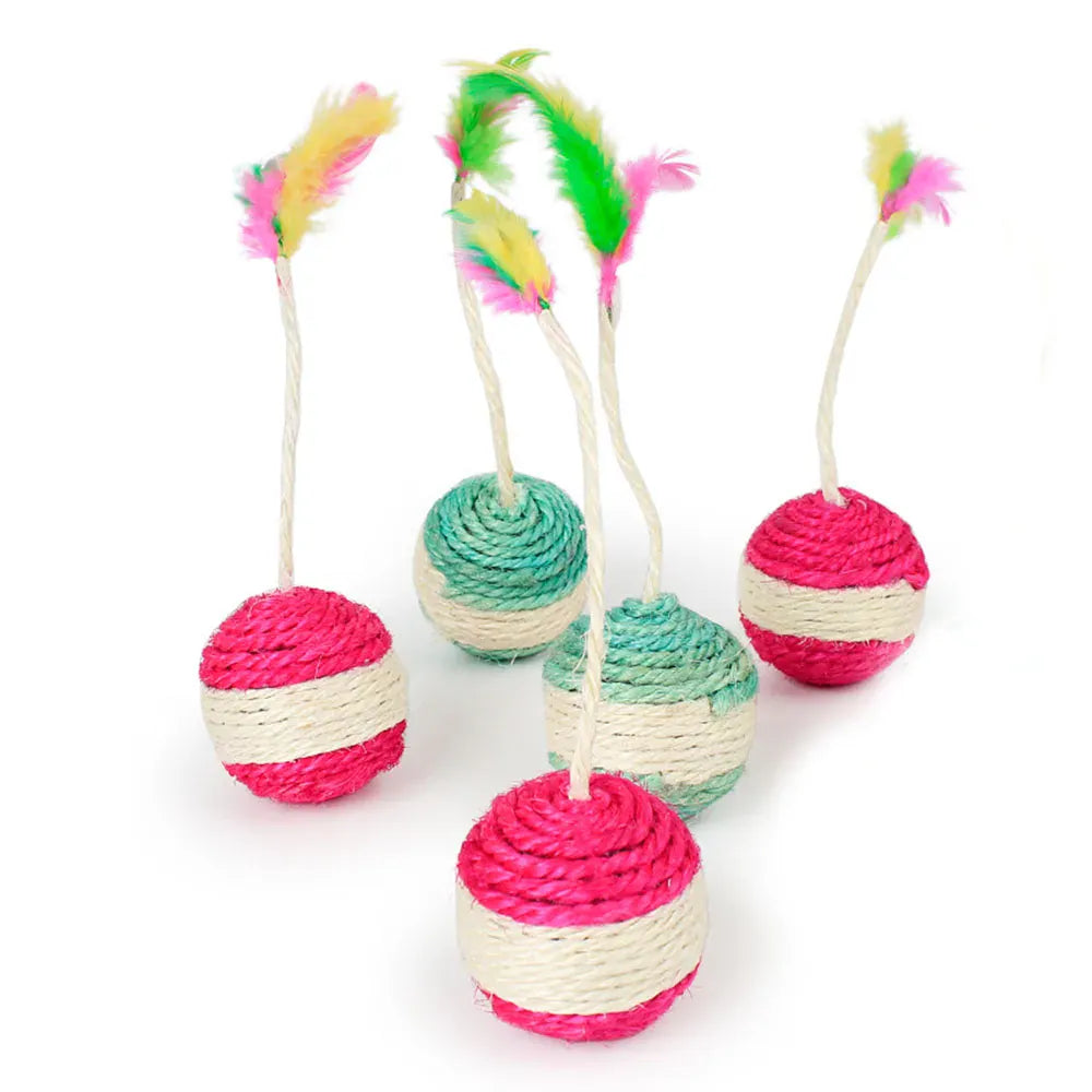 Sisal Feather Cat Ball Toy – Rotatable Chew & Scratch Toy with Hanging Rope