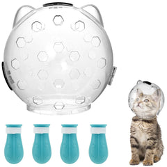 Space Hood Cat Muzzle & Boots Set - Transparent Anti-Bite Grooming Helmet