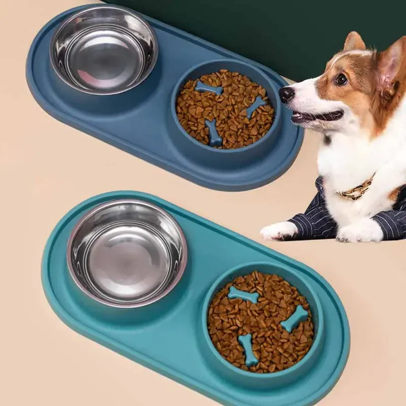 Stainless Steel Double Dog Bowl with Non-Slip Mat - Anti-Choking Slow Feeder
