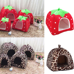 Strawberry Pet House - Foldable Warm Cave Bed for Small Dogs & Cats
