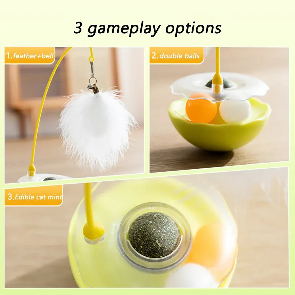 Tumbler Cat Toy - 360° Non-Tip Interactive Feather Teaser with Catnip