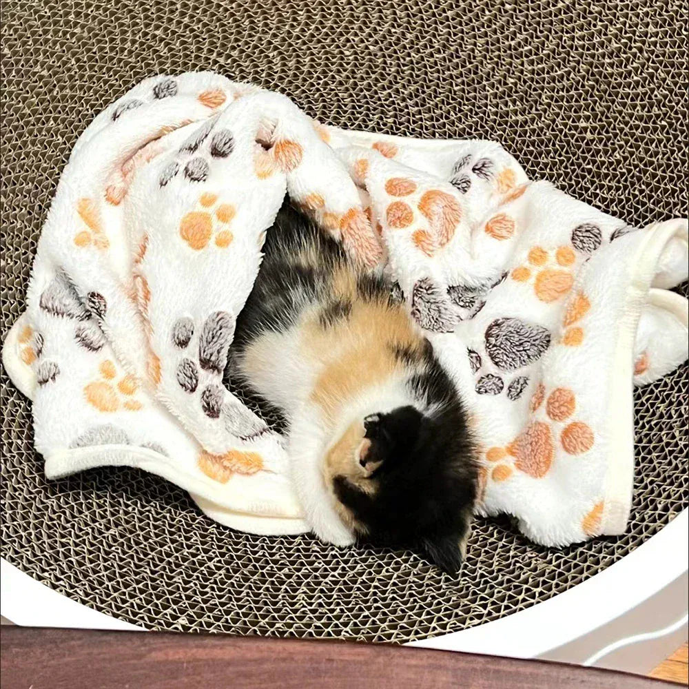 Winter Pet Blanket with Paw Print - Cozy Thicken Fleece Mat for Cats & Dogs