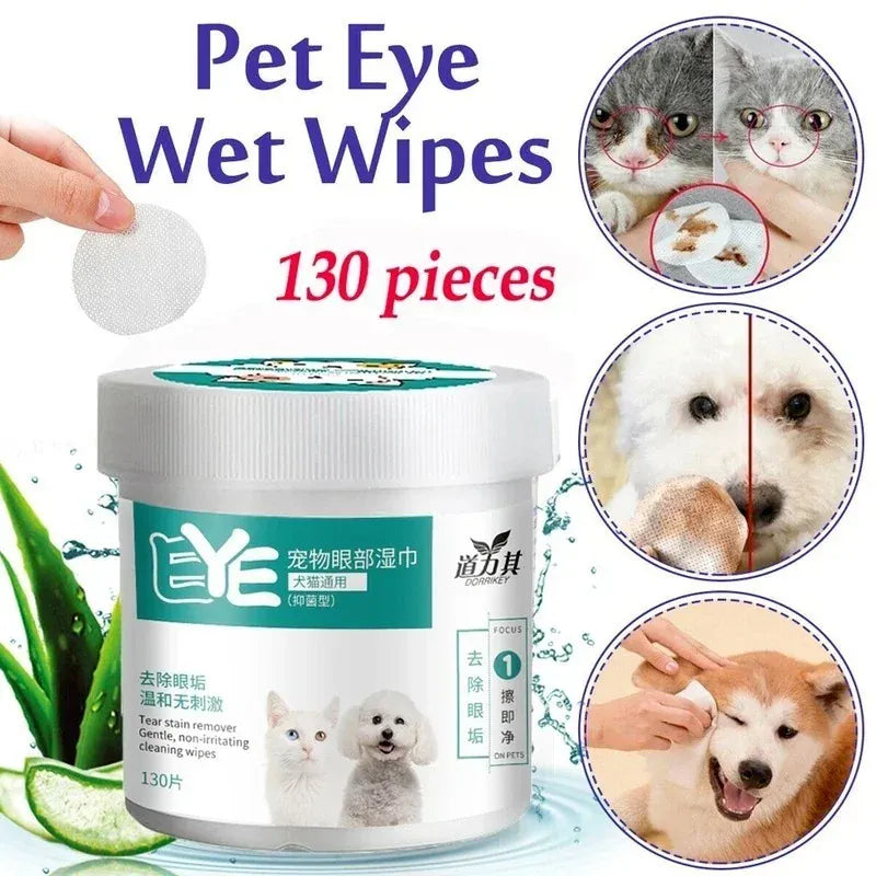130 Pcs Pet Eye Cleaning Wipes | Tear Stain Remover for Dogs & Cats | Gentle Grooming Wipes | Non-Foaming Soft Pet Towels