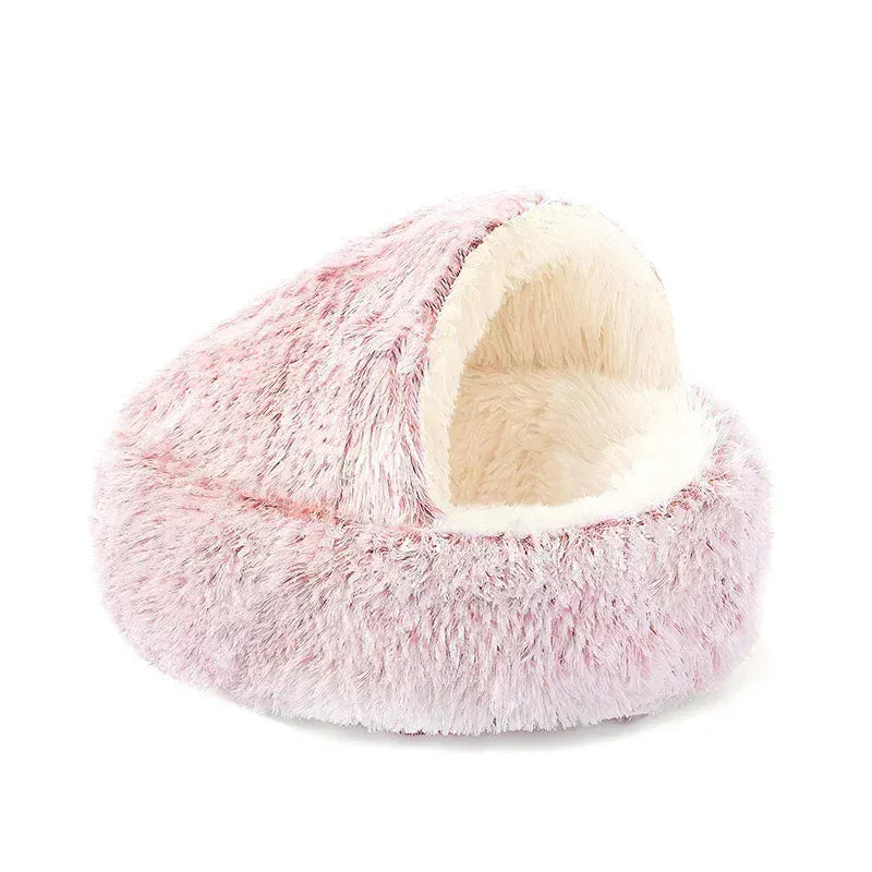 2-in-1 Cat Bed Winter Plush - Convertible Sleeping Bag & Round Cushion Pet Bed