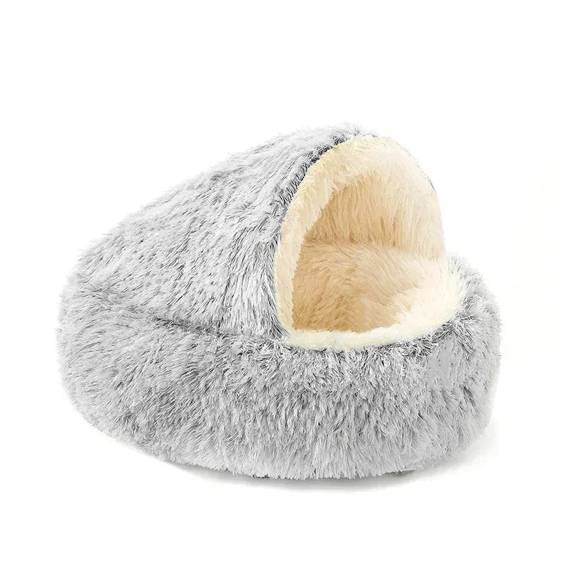 2-in-1 Cat Bed Winter Plush - Convertible Sleeping Bag & Round Cushion Pet Bed