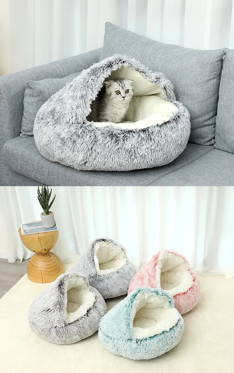 2-in-1 Cat Bed Winter Plush - Convertible Sleeping Bag & Round Cushion Pet Bed