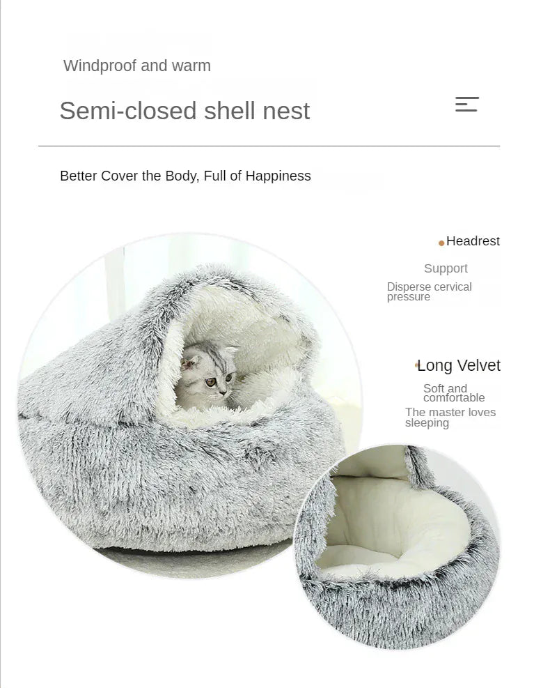 2-in-1 Cat Bed Winter Plush - Convertible Sleeping Bag & Round Cushion Pet Bed